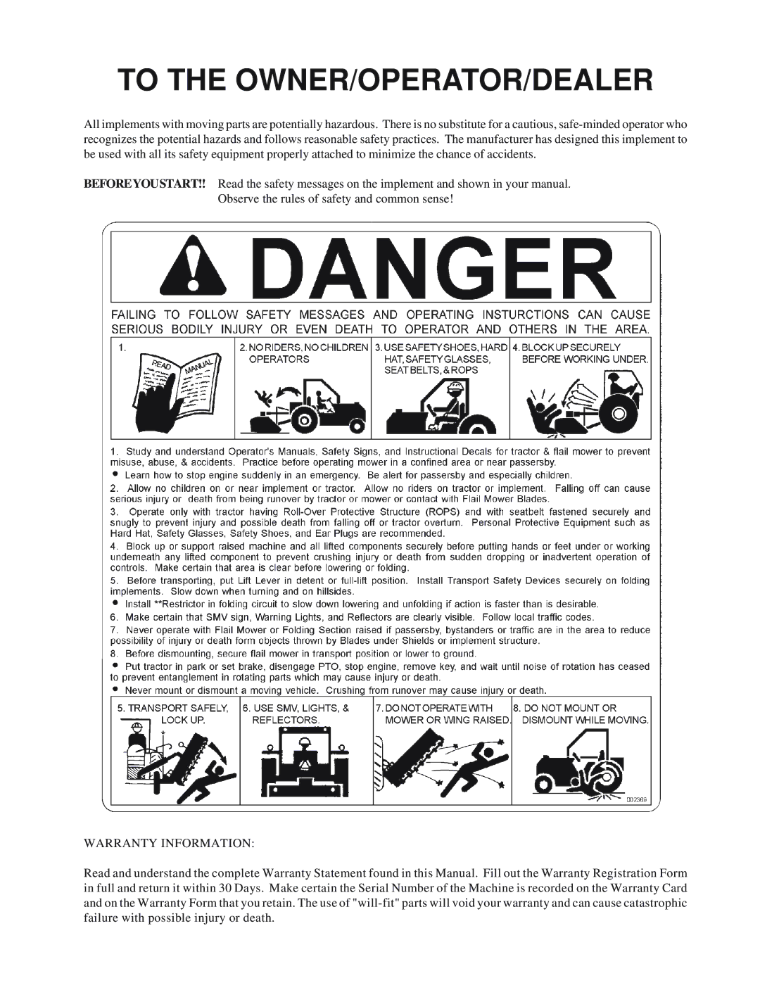 Tiger RBF-19C manual To the OWNER/OPERATOR/DEALER 