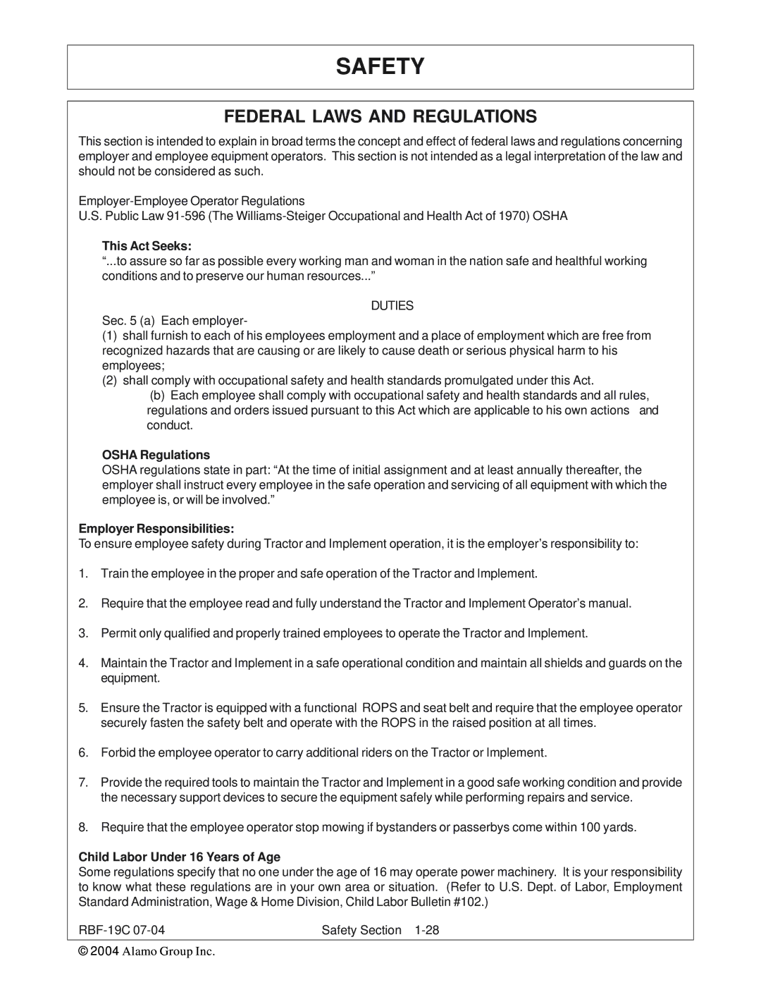 Tiger RBF-19C manual This Act Seeks, Duties, Osha Regulations, Employer Responsibilities, Child Labor Under 16 Years of Age 