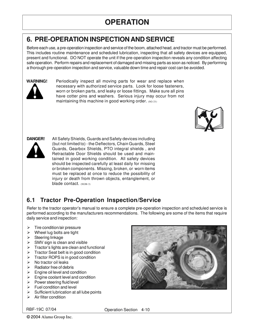 Tiger RBF-19C manual PRE-OPERATION Inspection and Service, Tractor Pre-Operation Inspection/Service 