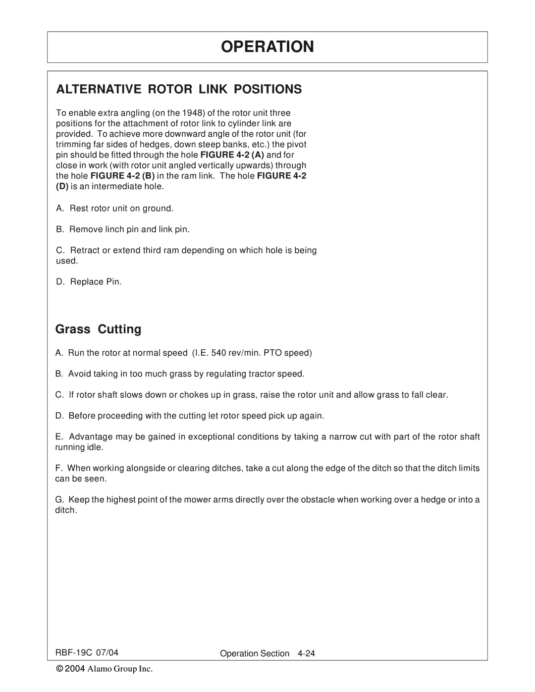 Tiger RBF-19C manual Alternative Rotor Link Positions, Grass Cutting 