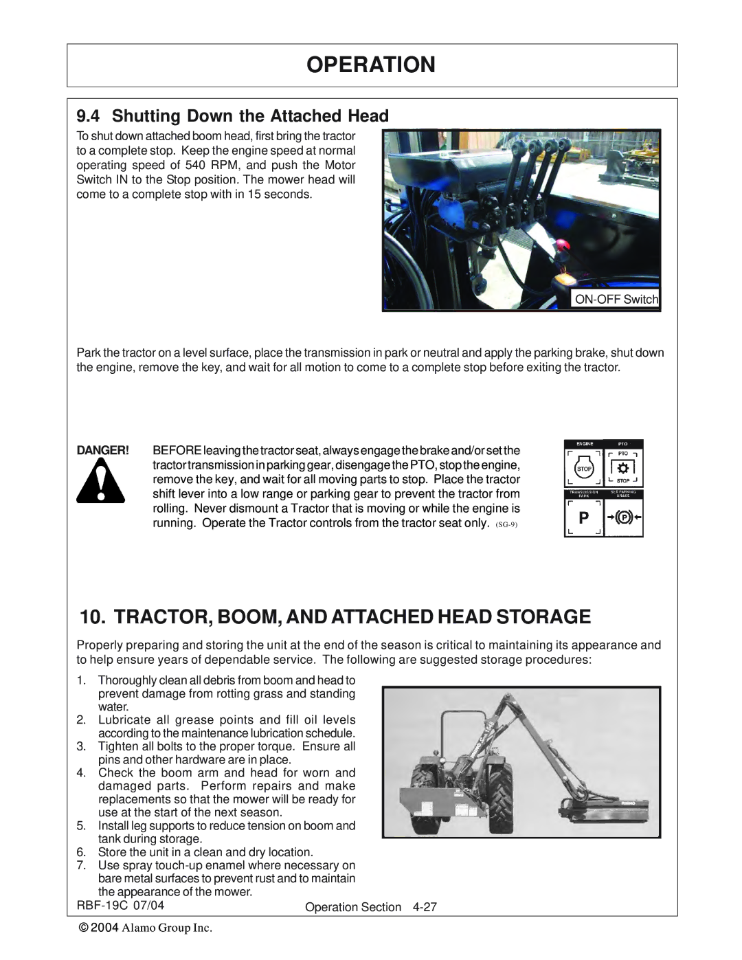 Tiger RBF-19C manual TRACTOR, BOOM, and Attached Head Storage, Shutting Down the Attached Head 