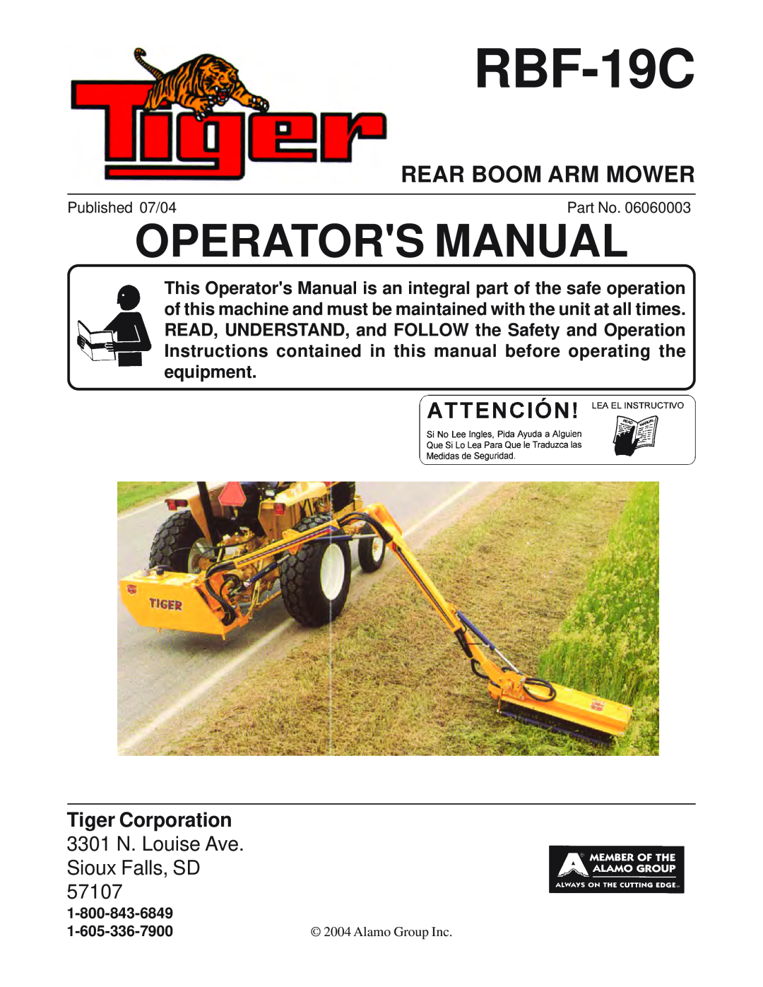 Tiger RBF-19C manual Rear Boom Arm Mower, Operators Manual 