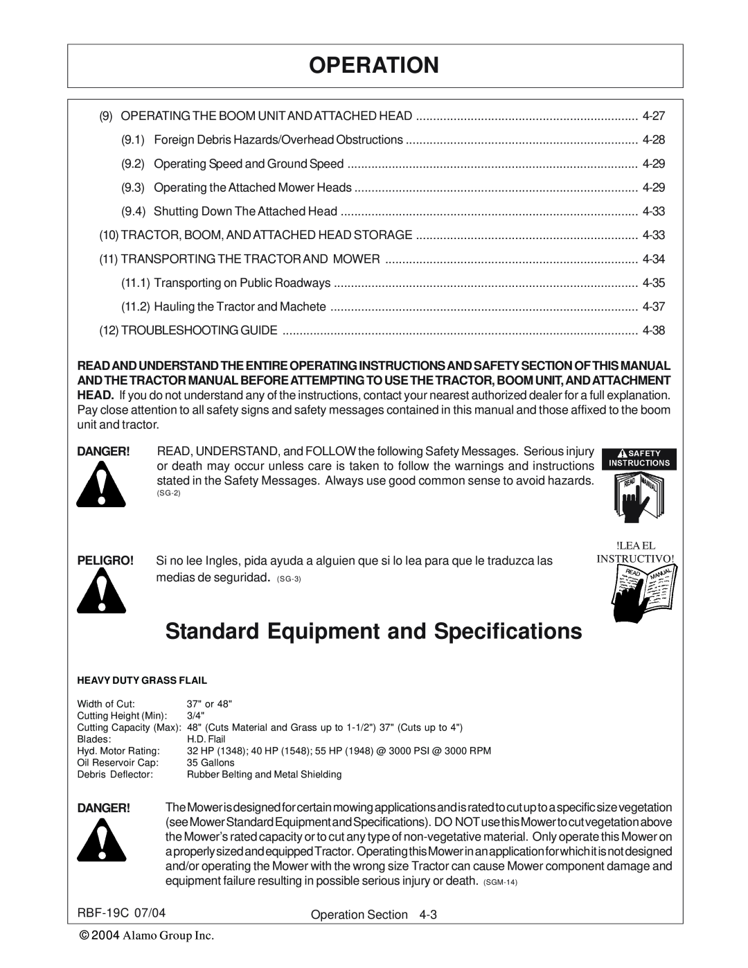 Tiger RBF-19C manual Operation, Standard Equipment and Specifications 