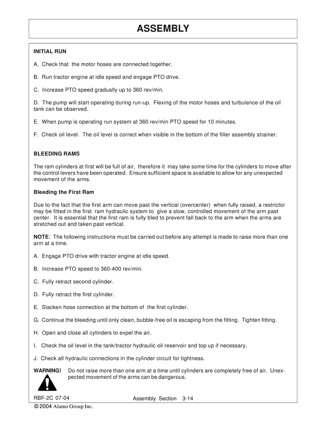 Tiger RBF-2C manual Initial RUN, Bleeding Rams, Bleeding the First Ram 