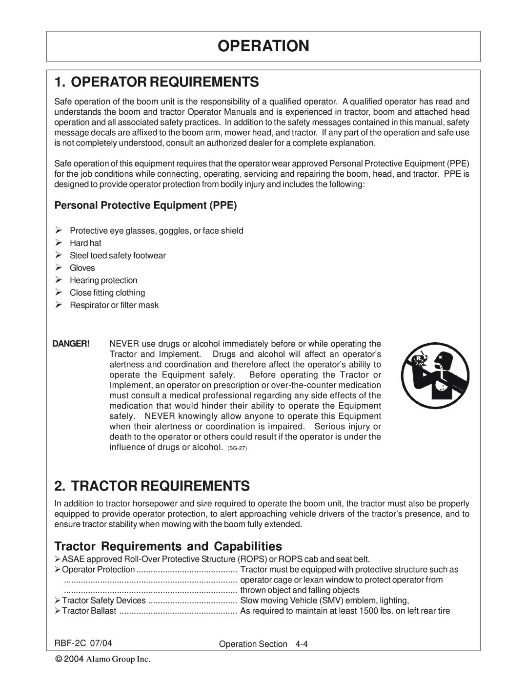 Tiger RBF-2C manual Operator Requirements, Tractor Requirements and Capabilities 