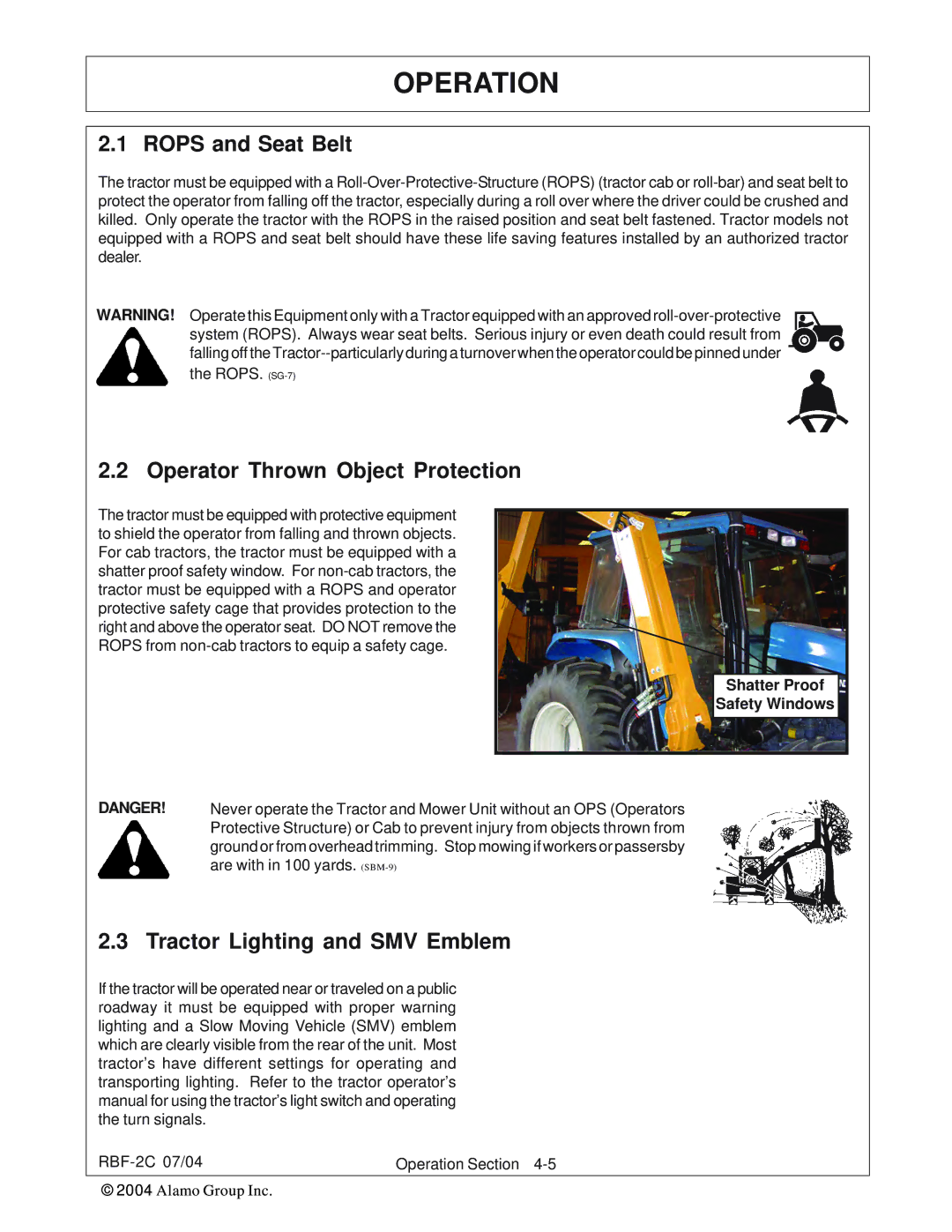 Tiger RBF-2C manual Rops and Seat Belt, Operator Thrown Object Protection, Tractor Lighting and SMV Emblem 