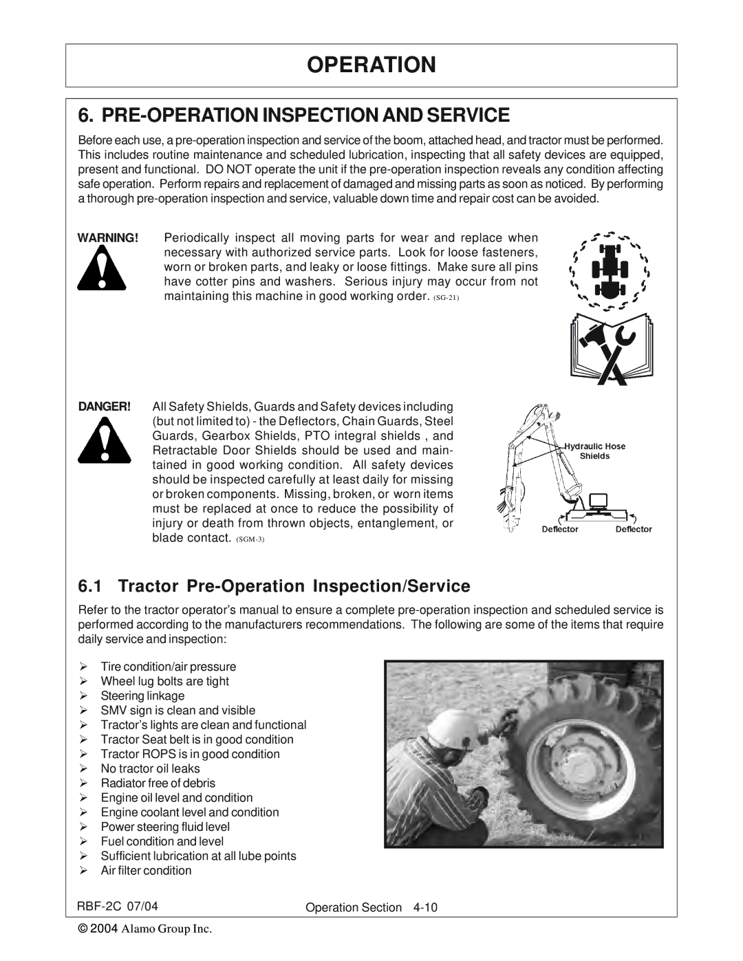 Tiger RBF-2C manual PRE-OPERATION Inspection and Service, Tractor Pre-Operation Inspection/Service 