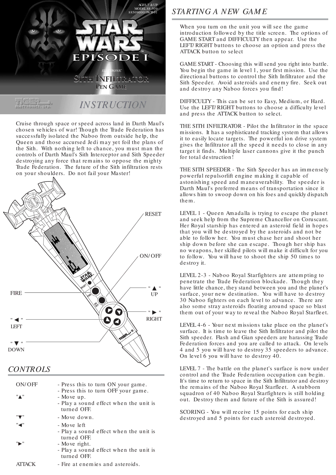 Tiger Sith Infiltrator Pen Game manual Controls, Starting a NEW Game 