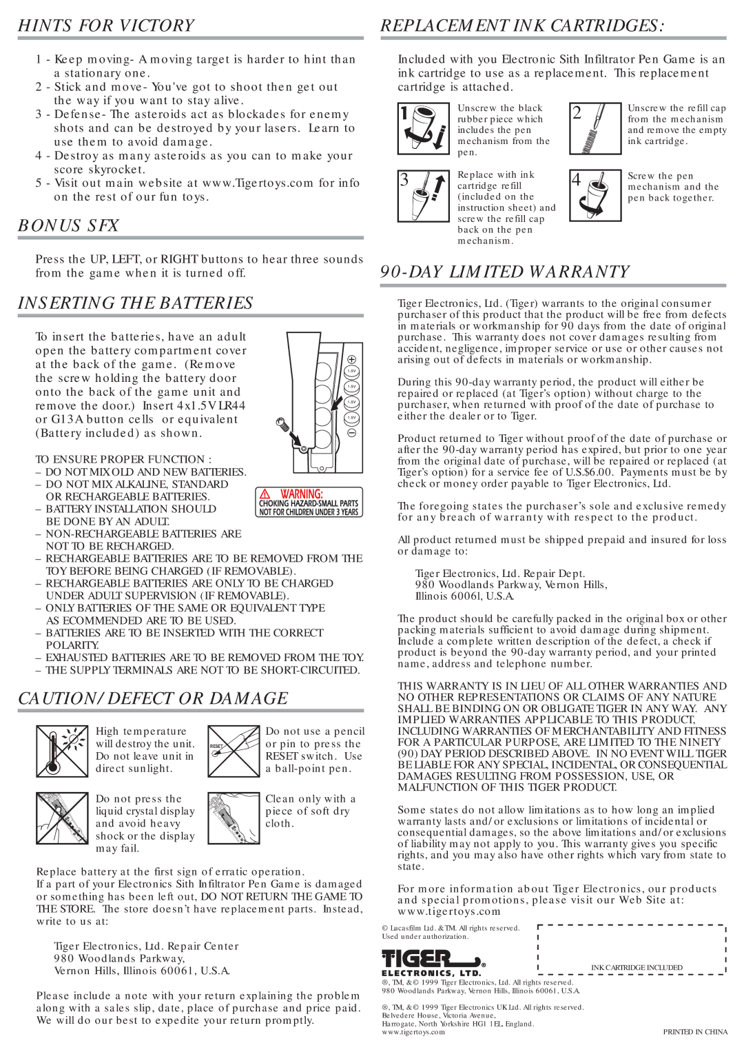 Tiger Sith Infiltrator Pen Game manual Hints for Victory, Replacement INK Cartridges, Bonus SFX, Inserting the Batteries 