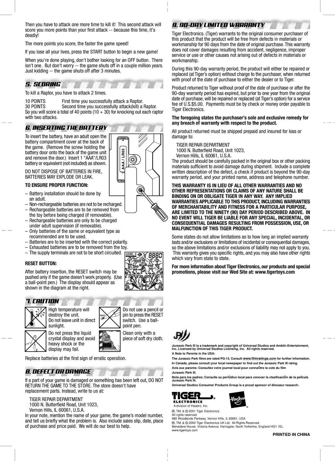 Tiger T-Rex manual Scoring, Inserting the Battery, DAY Limited Warranty, Defect or Damage 