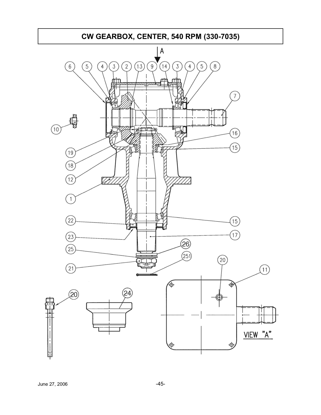 Tiger TWR-120, TWR-180 manual CW GEARBOX, CENTER, 540 RPM 