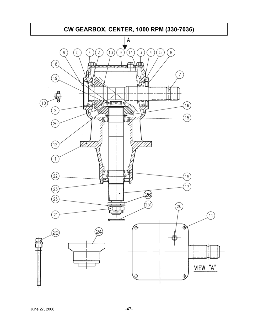 Tiger TWR-120, TWR-180 manual CW GEARBOX, CENTER, 1000 RPM 