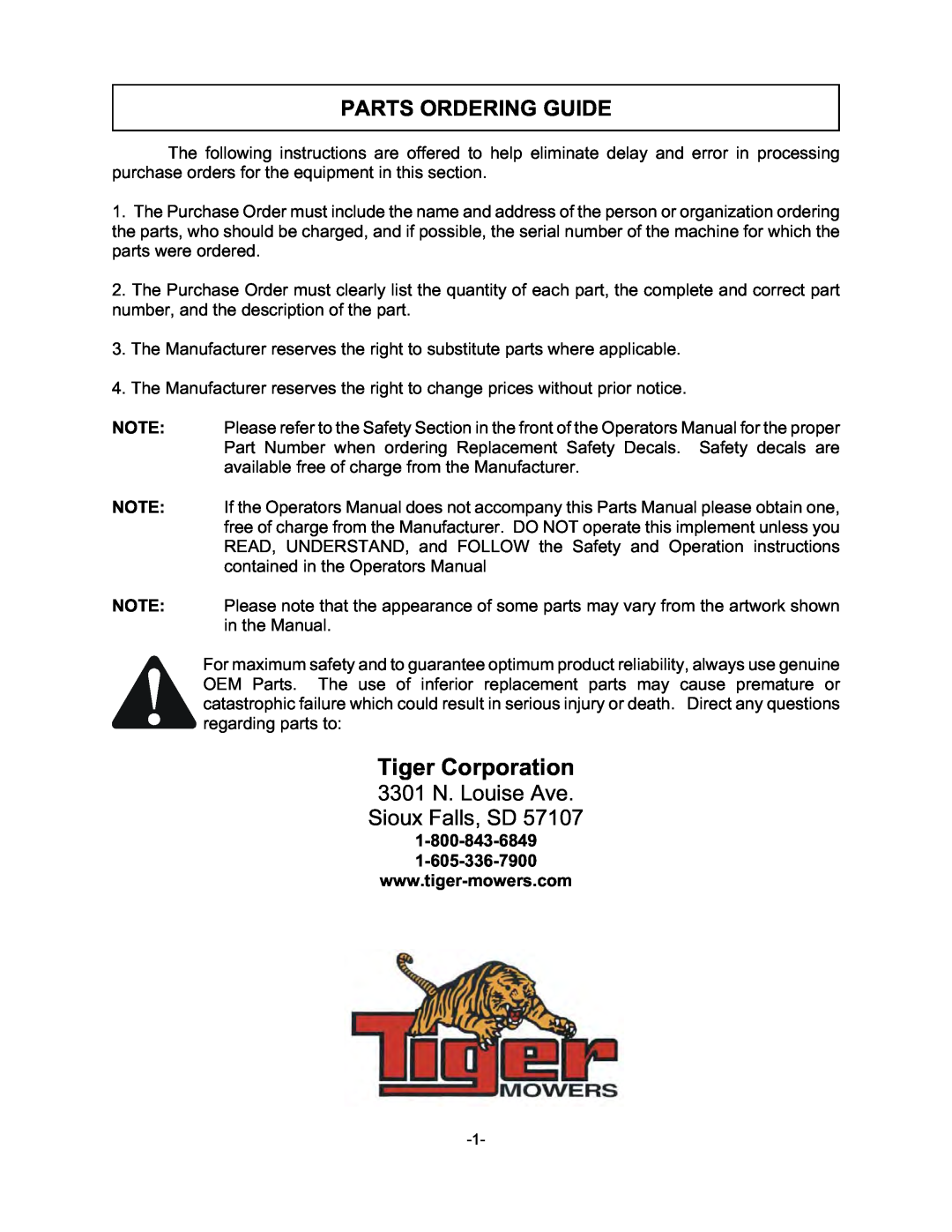 Tiger TWR-120, TWR-180 manual Parts Ordering Guide, Tiger Corporation, 3301 N. Louise Ave Sioux Falls, SD 