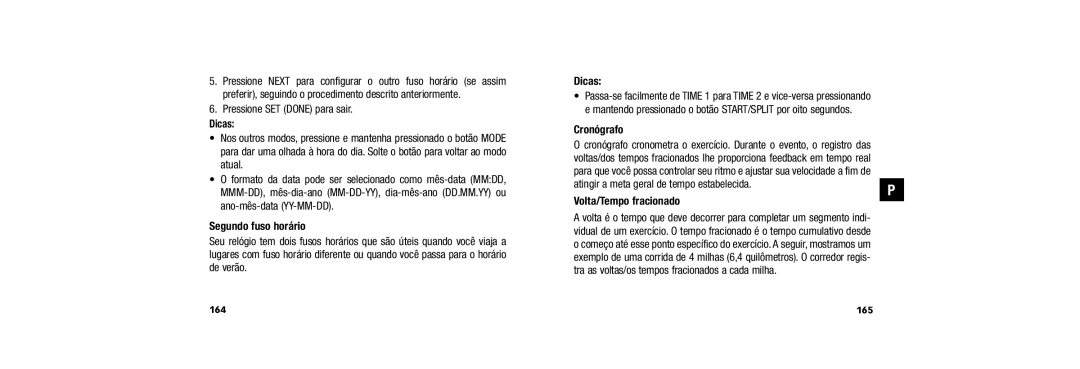 Timex 150 user manual Segundo fuso horário, Atingir a meta geral de tempo estabelecida, Volta/Tempo fracionado, 165 