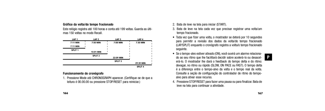 Timex 150 user manual Gráfico da volta/do tempo fracionado, Funcionamento do cronógrafo, 167 