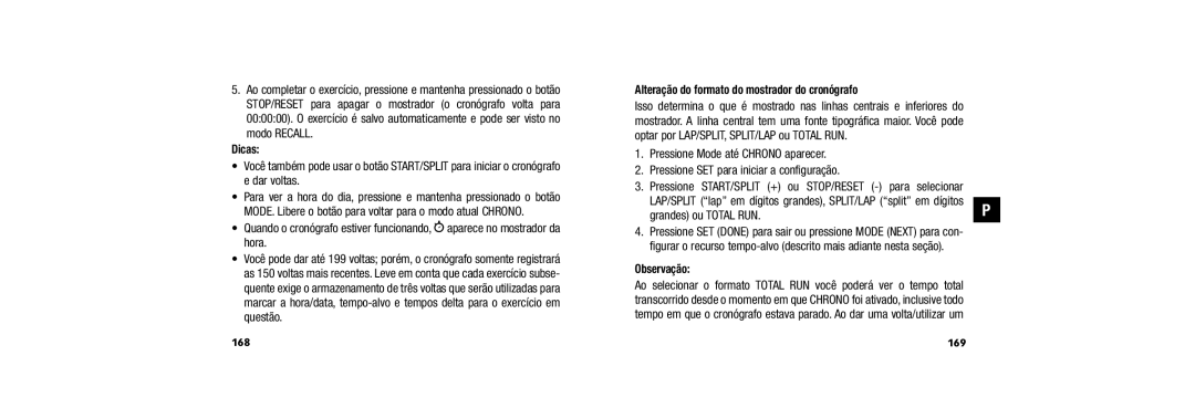 Timex 150 user manual Alteração do formato do mostrador do cronógrafo, Grandes ou Total RUN, Observação, 169 