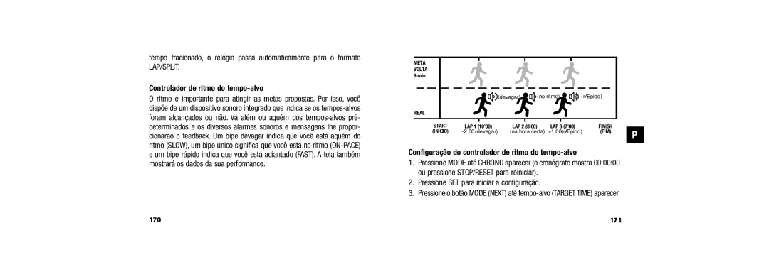 Timex 150 user manual Controlador de ritmo do tempo-alvo, Configuração do controlador de ritmo do tempo-alvo, 171 