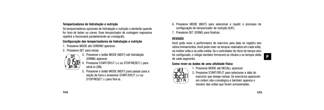 Timex 150 Temporizadores de hidratação e nutrição, Configuração dos temporizadores de hidratação e nutrição, Revisão 