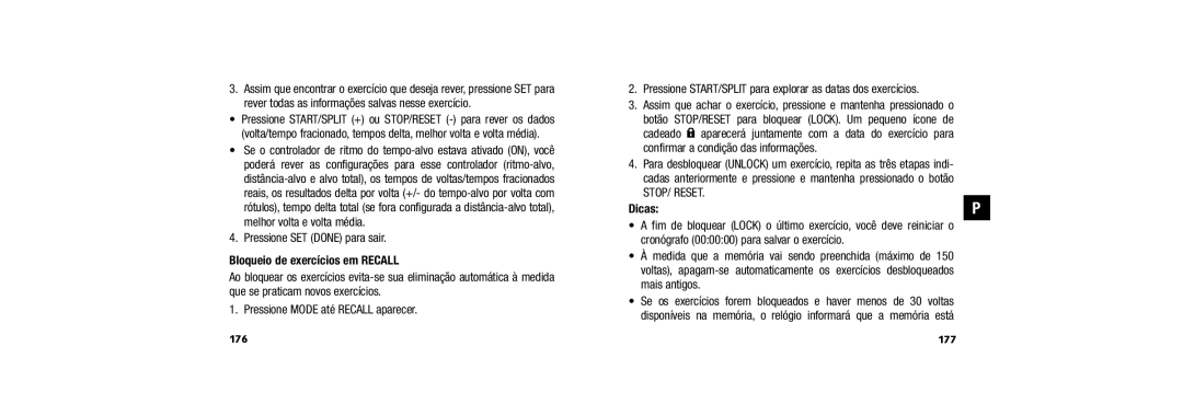 Timex 150 user manual Bloqueio de exercícios em Recall, 177 