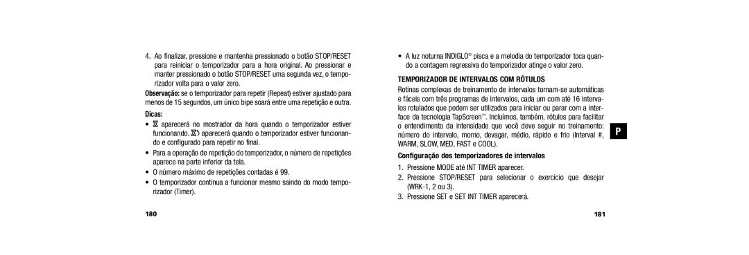 Timex 150 user manual Temporizador DE Intervalos COM Rótulos, Configuração dos temporizadores de intervalos, 181 