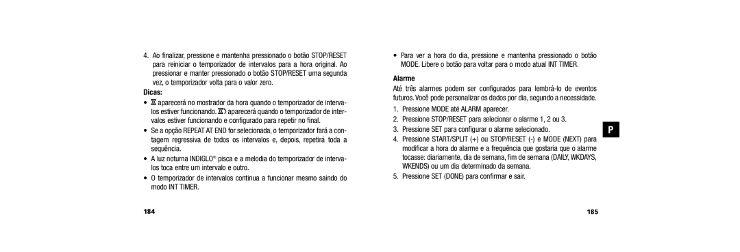 Timex 150 user manual Alarme, Pressione SET Done para confirmar e sair, 185 