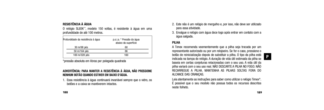 Timex 150 user manual Resistência À Água, Pressão absoluta em libras por polegada quadrada, Pilha, 189 