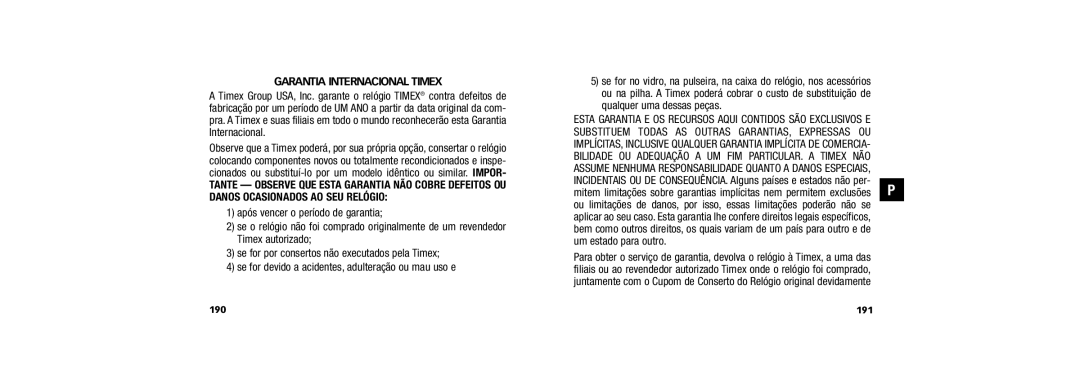 Timex 150 user manual Garantia Internacional Timex, Um estado para outro, 191 