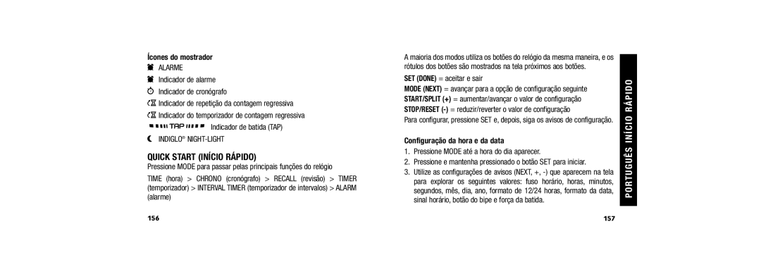 Timex 150 user manual Quick Start Início Rápido, Ícones do mostrador, Configuração da hora e da data 