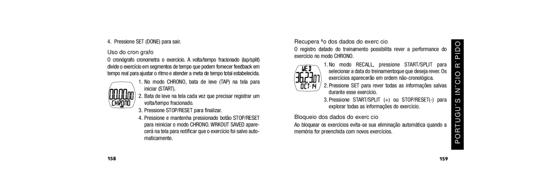 Timex 150 user manual Pressione SET Done para sair, Uso do cronógrafo, Recuperação dos dados do exercício, 159 