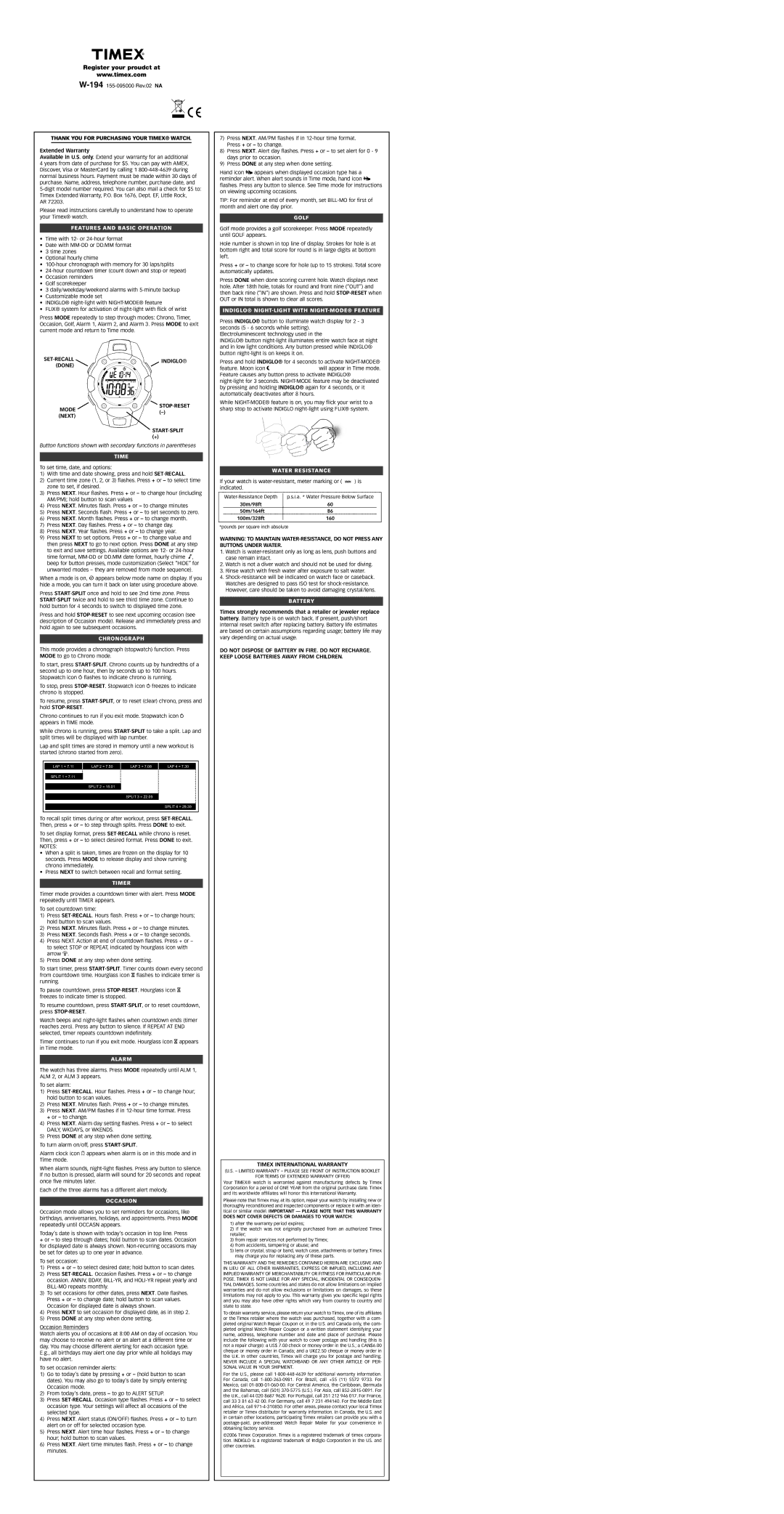 Timex 155-095000 warranty Features and Basic Operation, Chronograph, Timer, Alarm, Occasion, Golf, Water Resistance 