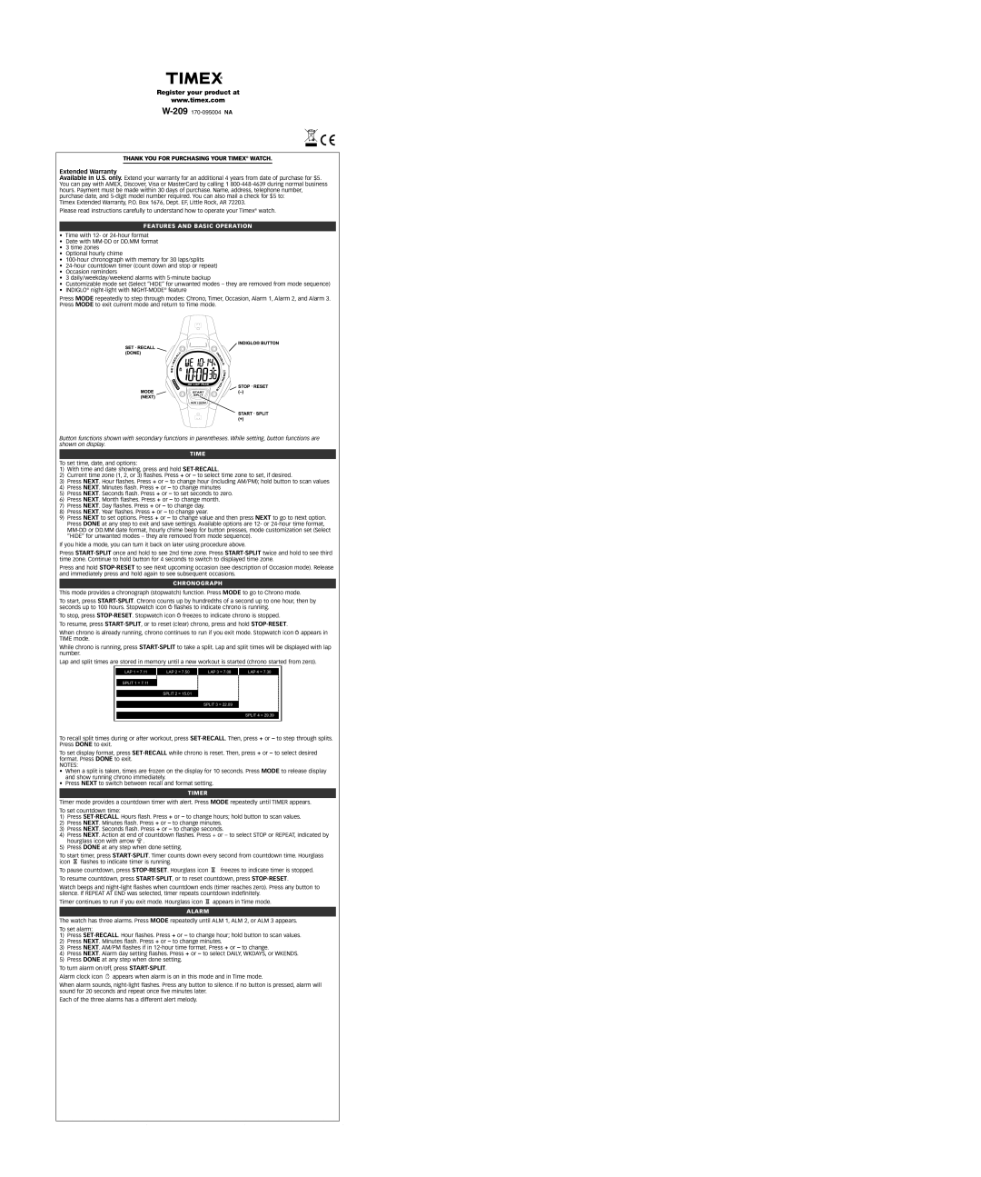 Timex 170-095004 NA warranty Features and Basic Operation, Chronograph, Timer, Alarm 