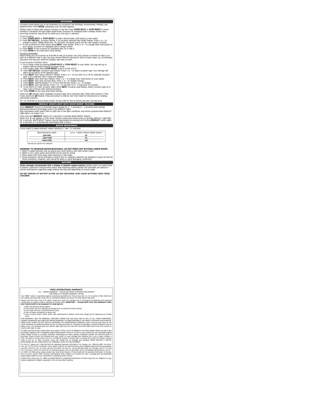 Timex 170-095004 NA warranty Occasion, Indiglo NIGHT-LIGHT with NIGHT-MODEFEATURE, Water Resistance, Battery 