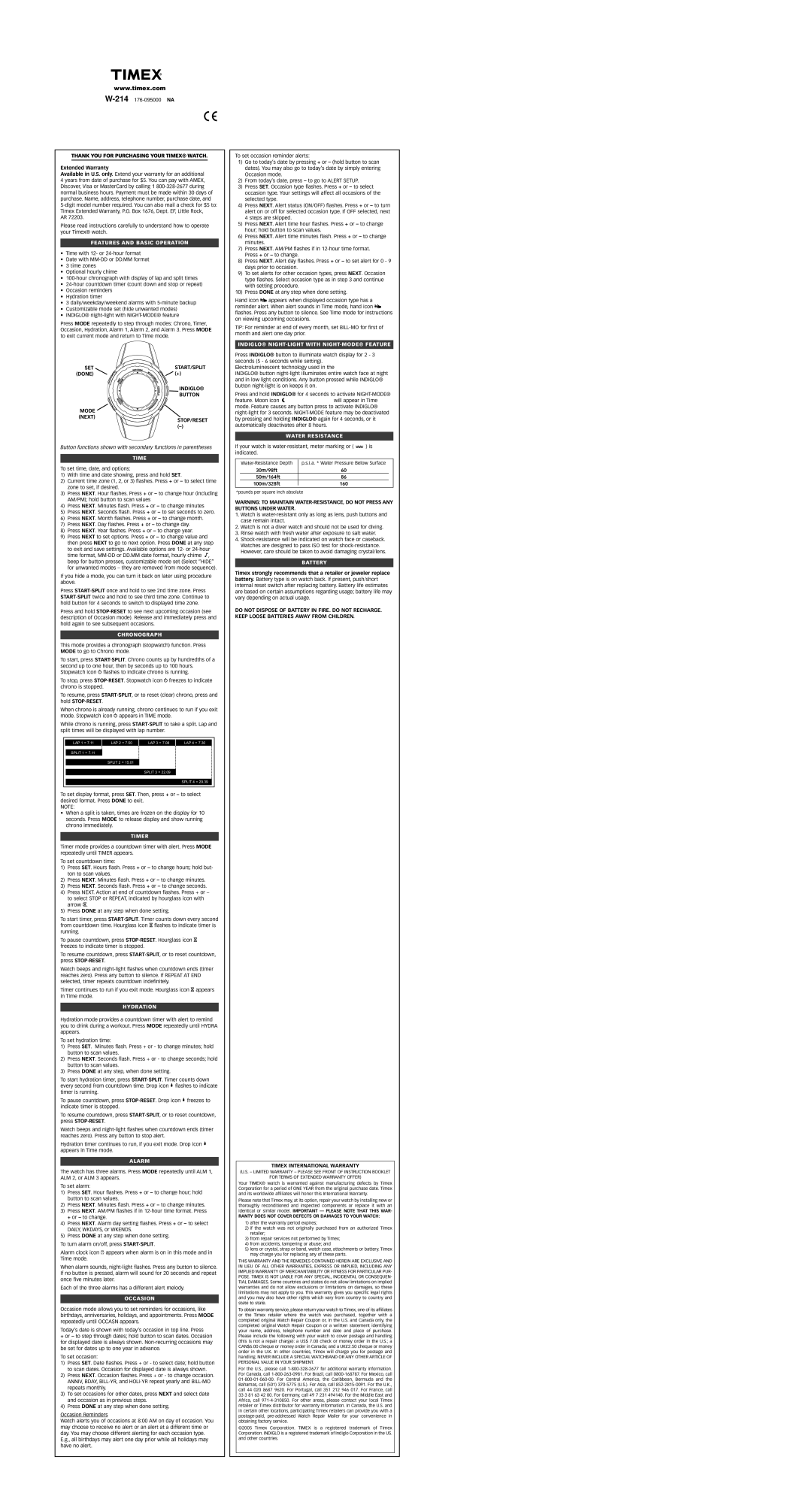 Timex 176-095000 NA warranty Features and Basic Operation, Chronograph, Timer, Hydration, Alarm, Occasion, Battery 