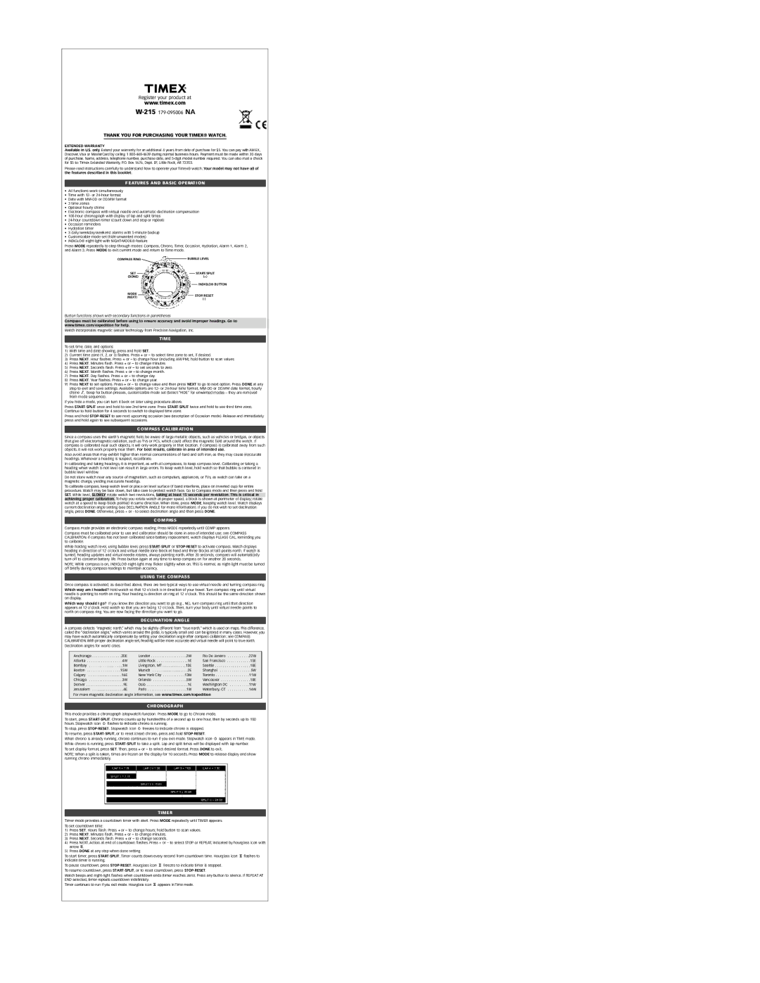 Timex 179-095006 NA warranty Ature S and BA SIC Operat I O N, M Pass CAL IBR AT I O N, Using TH E Compass, Timer 