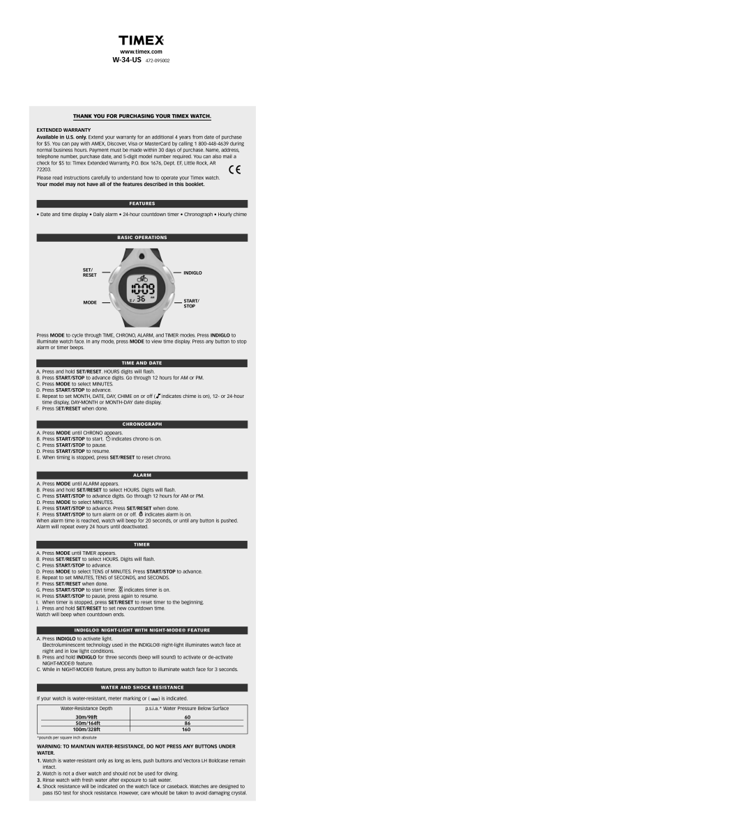 Timex 472-095002 warranty Thank YOU for Purchasing Your Timex Watch, Extended Warranty 