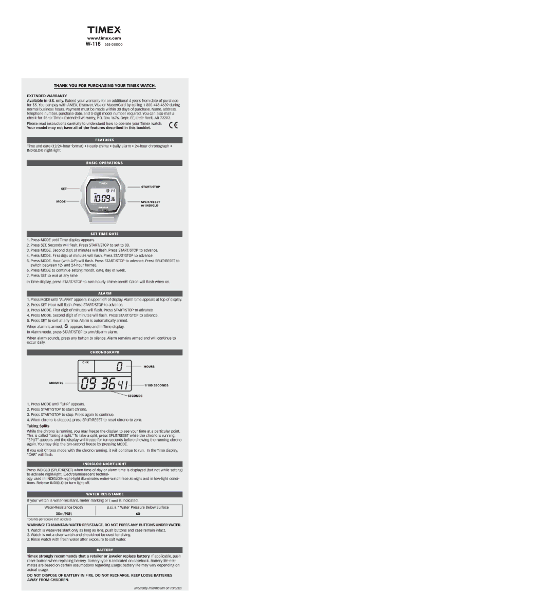 Timex 555-095000 warranty Thank YOU for Purchasing Your Timex Watch, Extended Warranty, Taking Splits, 30m/98ft 
