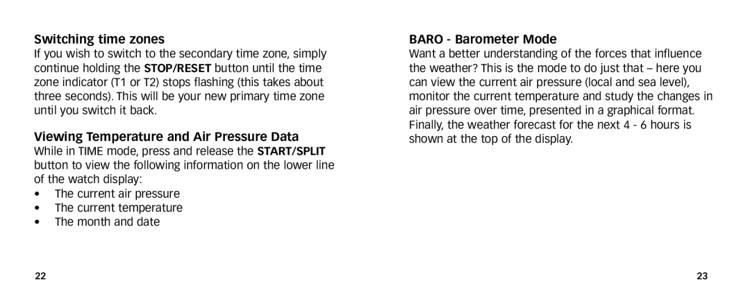 Timex 567-095006 NA manual Switching time zones, Viewing Temperature and Air Pressure Data, Baro Barometer Mode 