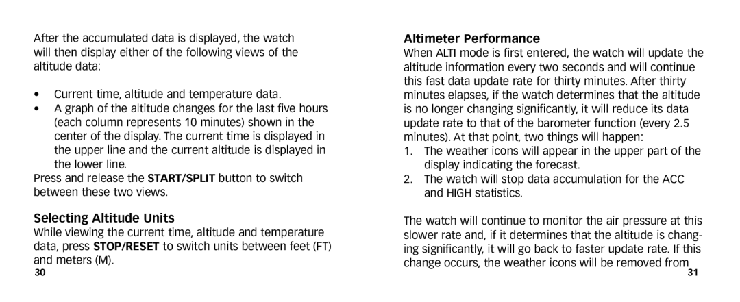 Timex 567-095006 NA manual Selecting Altitude Units, Altimeter Performance 