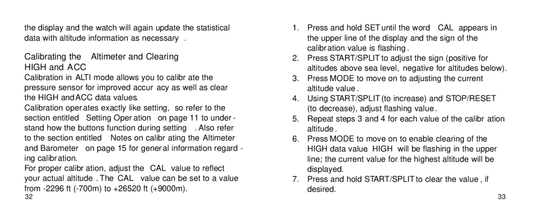 Timex 567-095006 NA manual Calibrating the Altimeter and Clearing High and ACC 