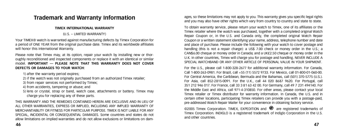 Timex 567-095006 NA manual Trademark and Warranty Information, Timex International Warranty 