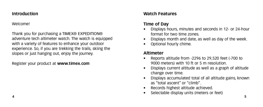 Timex 567-095006 NA manual Introduction, Watch Features Time of Day, Altimeter 