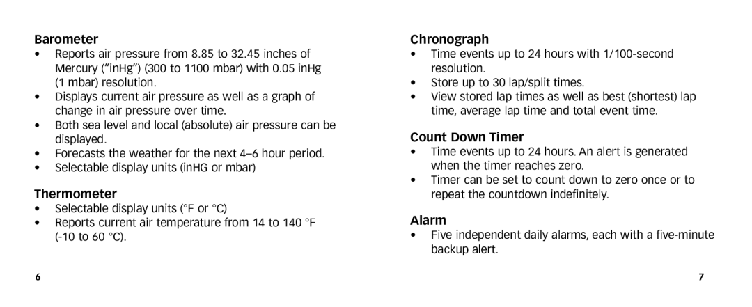 Timex 567-095006 NA manual Barometer, Thermometer, Chronograph, Count Down Timer, Alarm 