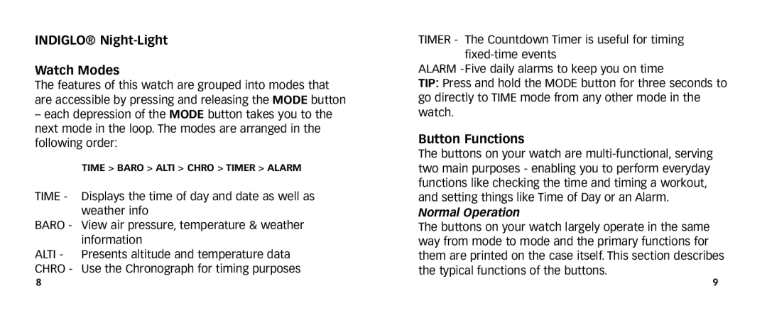 Timex 567-095006 NA manual INDIGLO¨ Night-Light Watch Modes, Button Functions 