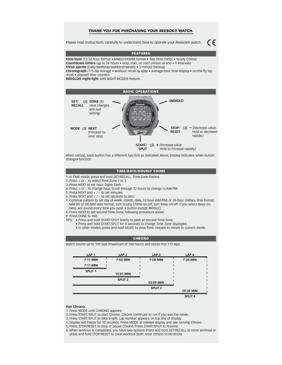 Timex 571 manual Features, Basic Operations, TIME/DATE/HOURLY Chime, Chrono 