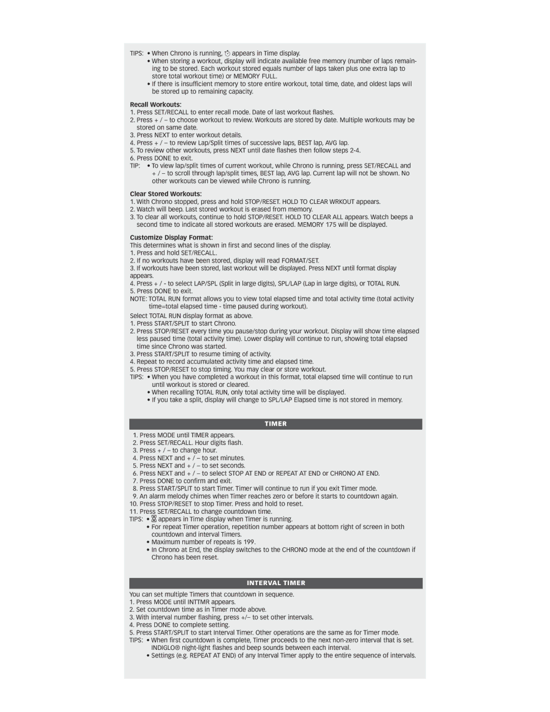 Timex 571 manual Recall Workouts, Clear Stored Workouts, Customize Display Format, Interval Timer 