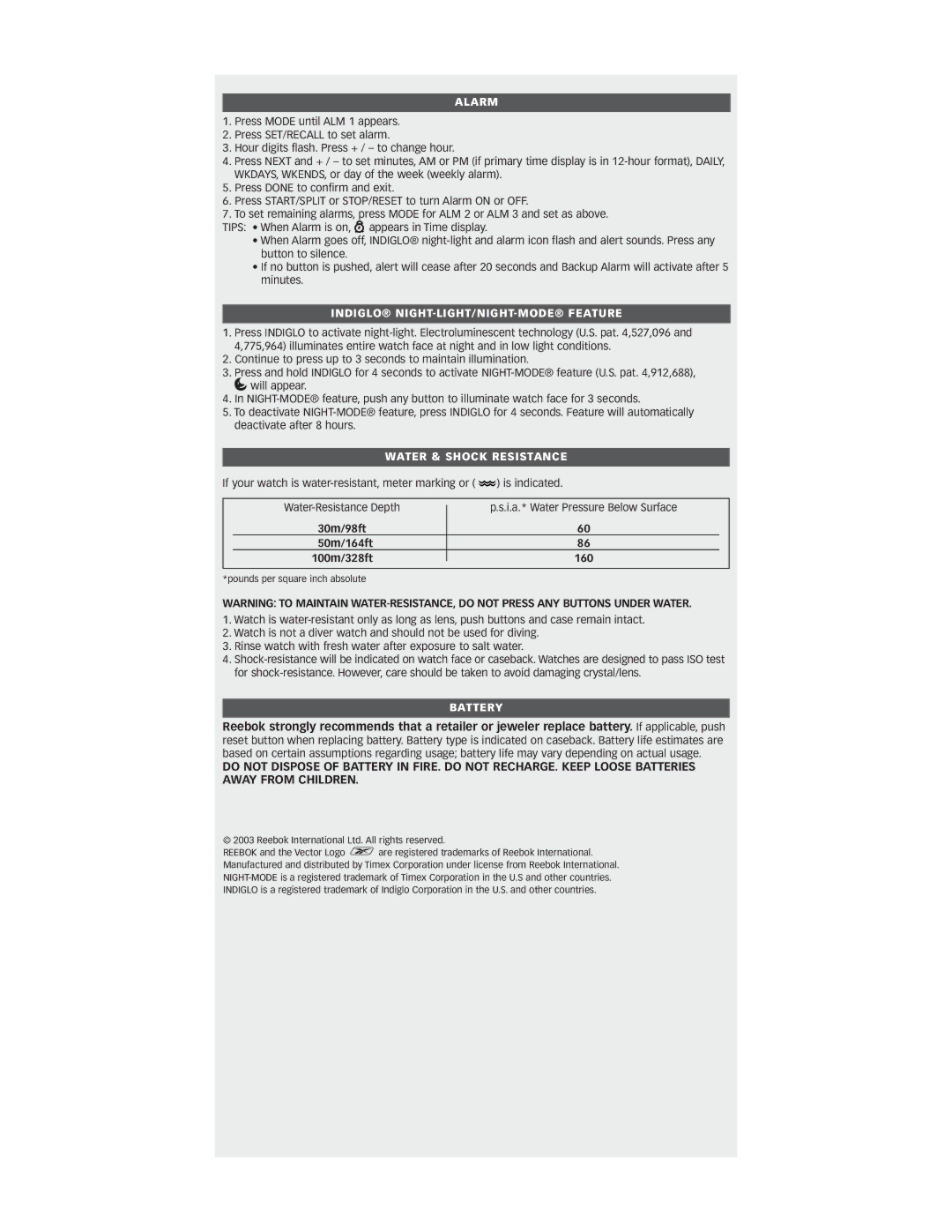 Timex 571 manual Alarm, Indiglo NIGHT-LIGHT/NIGHT-MODE Feature, Water & Shock Resistance, 30m/98ft 50m/164ft 100m/328ft 160 