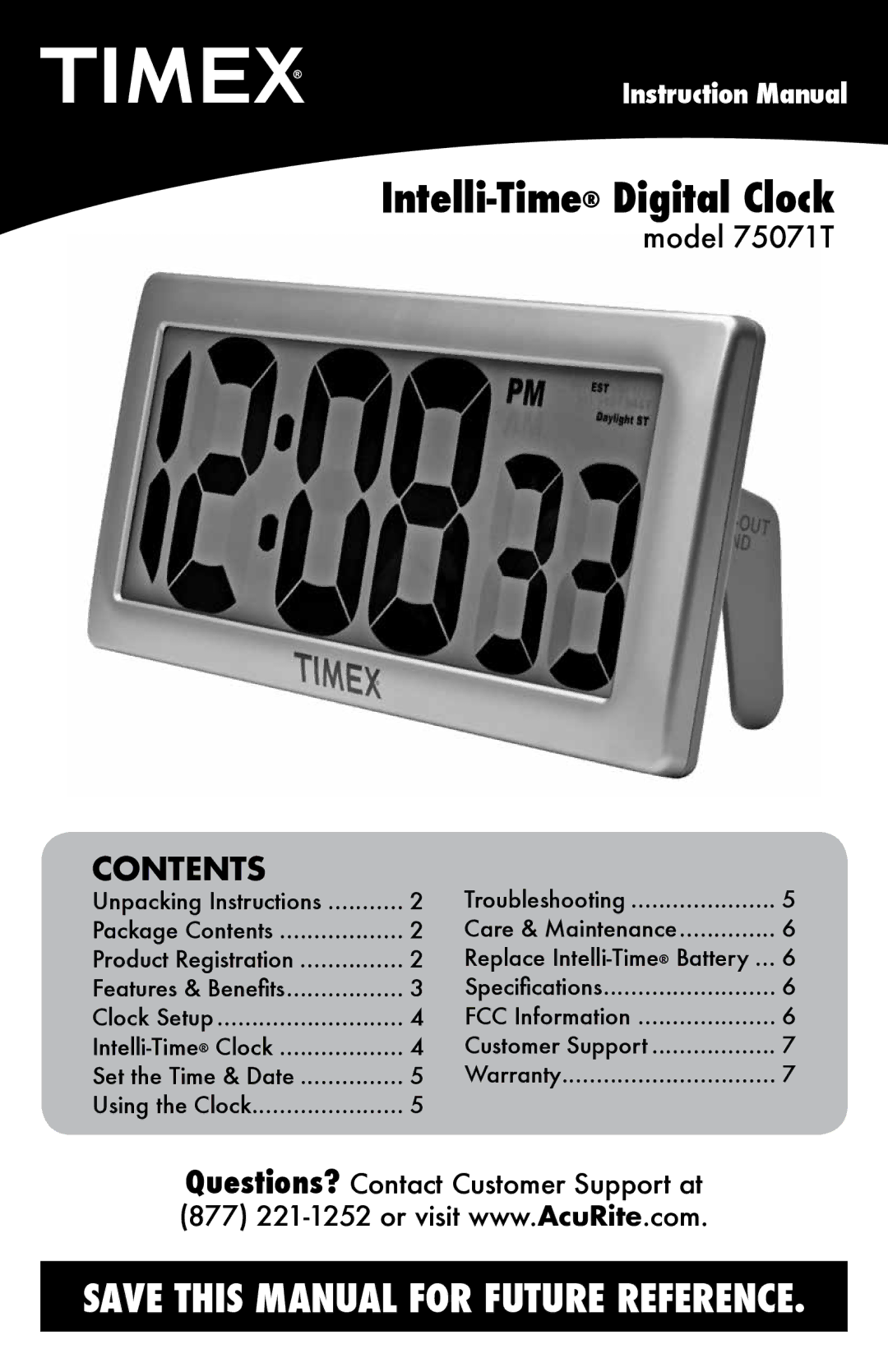 Timex 75071T instruction manual Intelli-TimeDigital Clock 