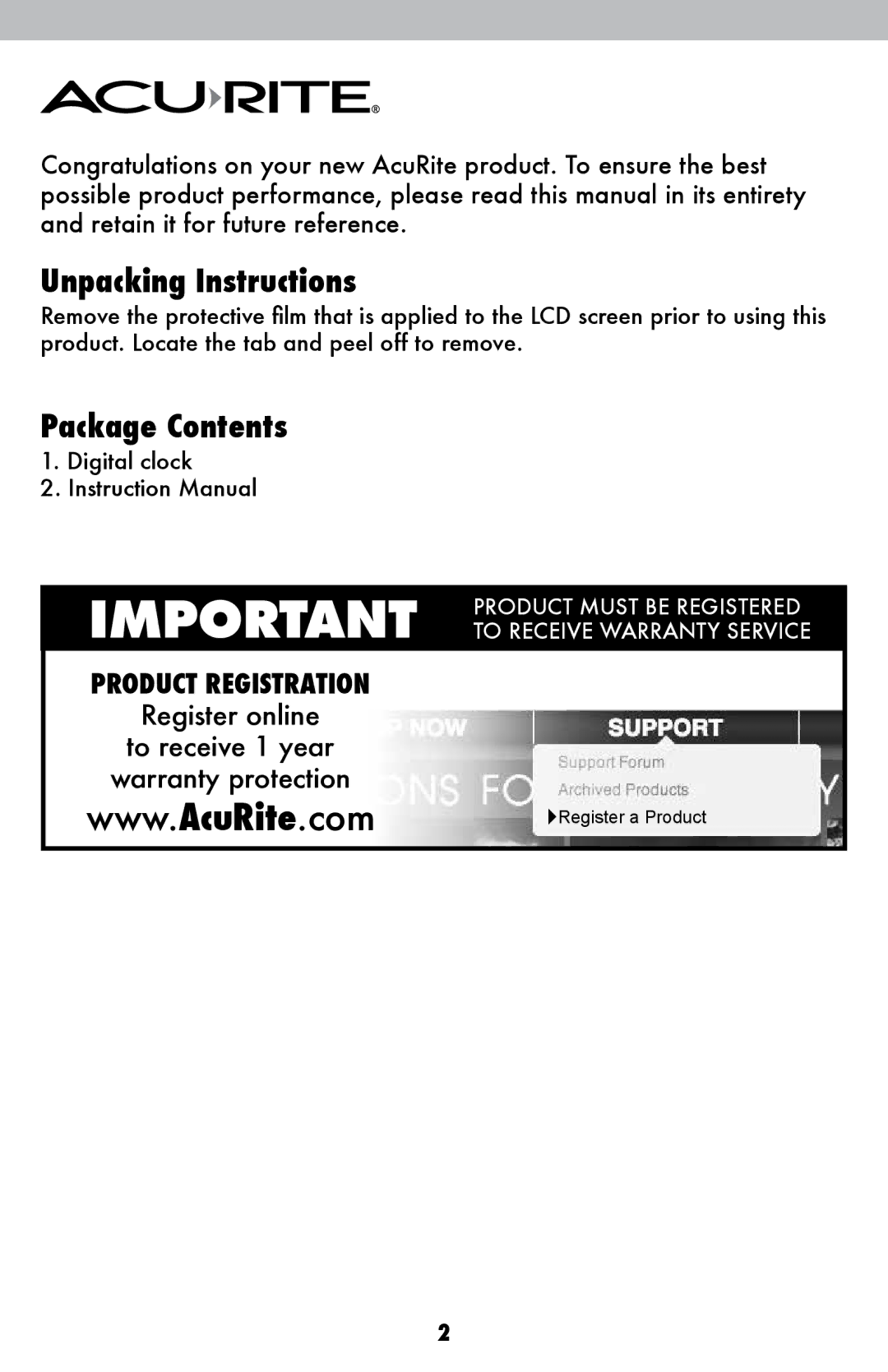 Timex 75071T instruction manual Unpacking Instructions, Package Contents 