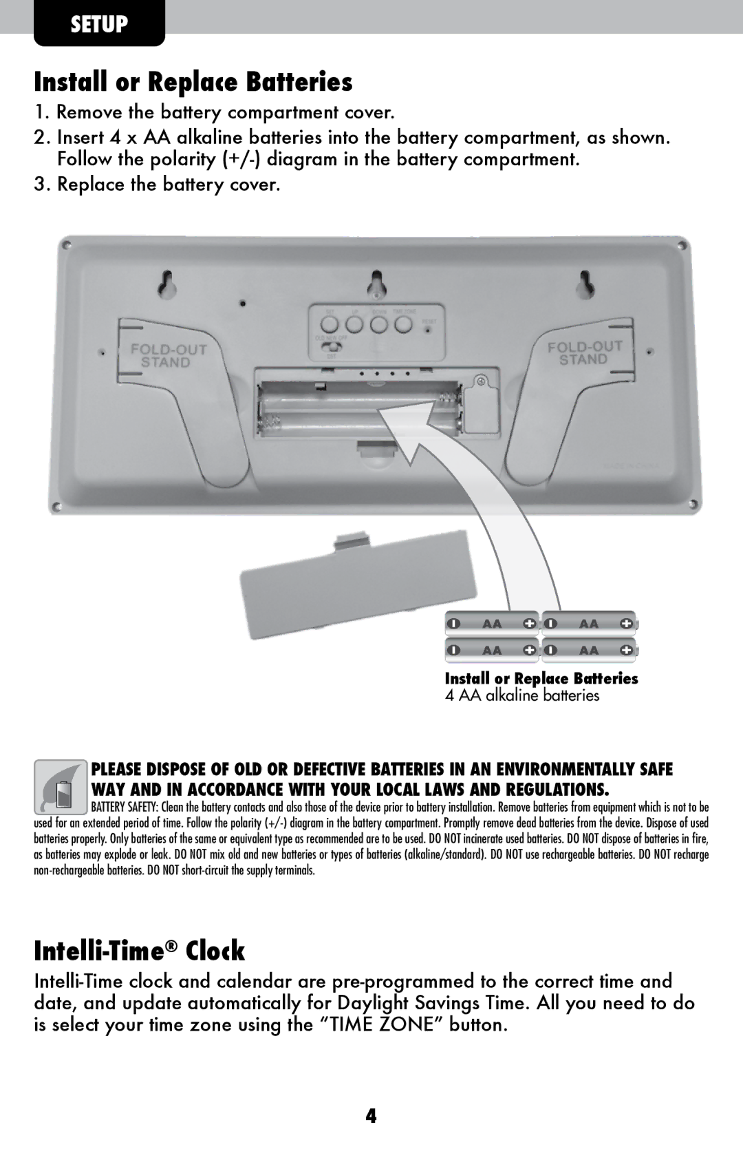 Timex 75071T instruction manual Install or Replace Batteries, Intelli-TimeClock 