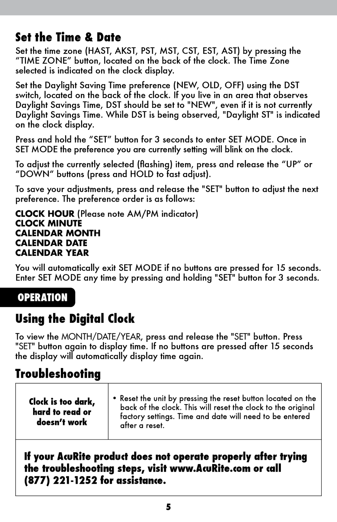 Timex 75071T instruction manual Set the Time & Date, Using the Digital Clock, Troubleshooting 